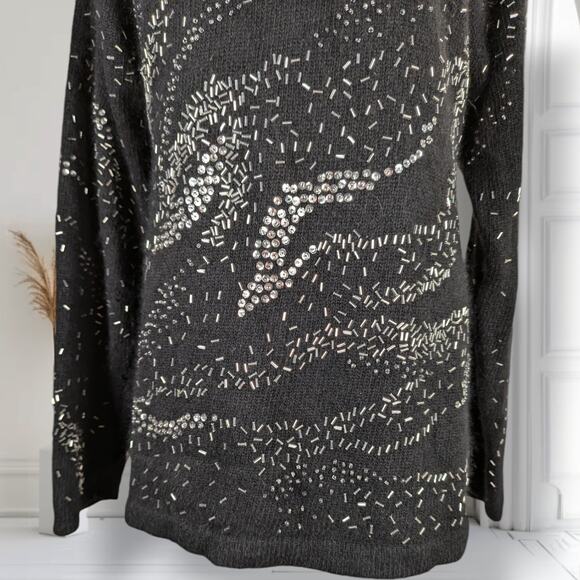 Vintage 90s IB Diffusion Beaded Flames Sweater Size M Black Silk Angora - Picture 3 of 13